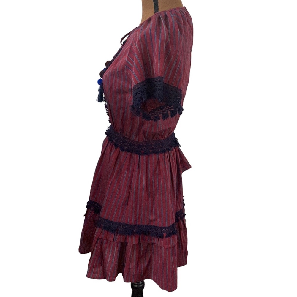 Sea New York boho peasant ruffled pom-Pom tassel tie  lace trim burgundy size 0 - Picture 4 of 12